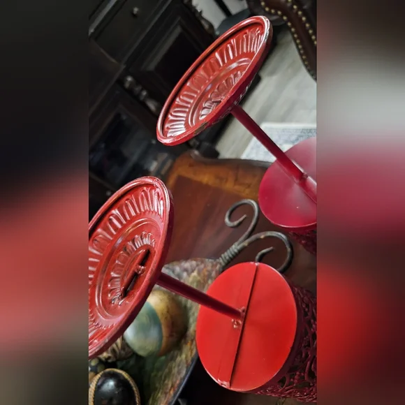 Set of Two Metal Ornate Pedestal Large Candle Holder Marroon Dark Red EUC - Picture 8 of 9